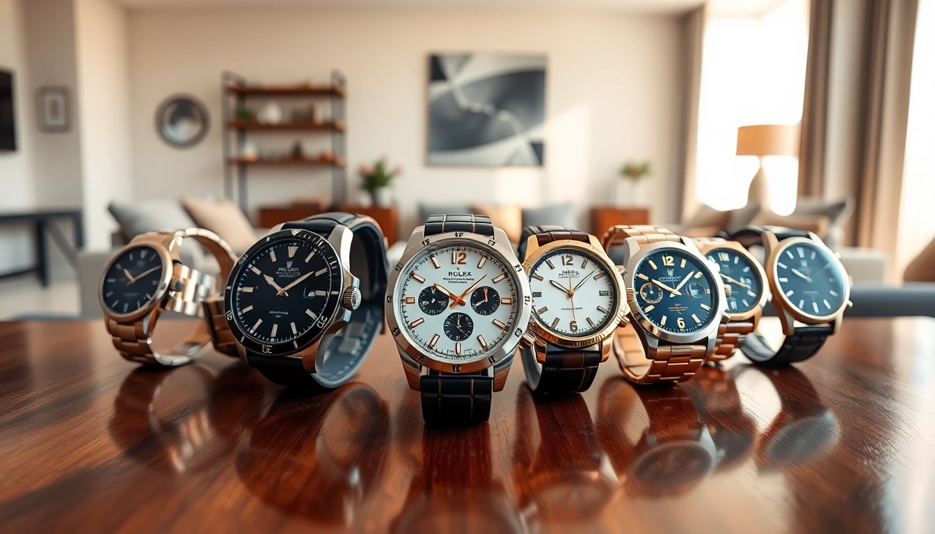 Admire stunning replica watches highlighted on a polished table with warm lighting.