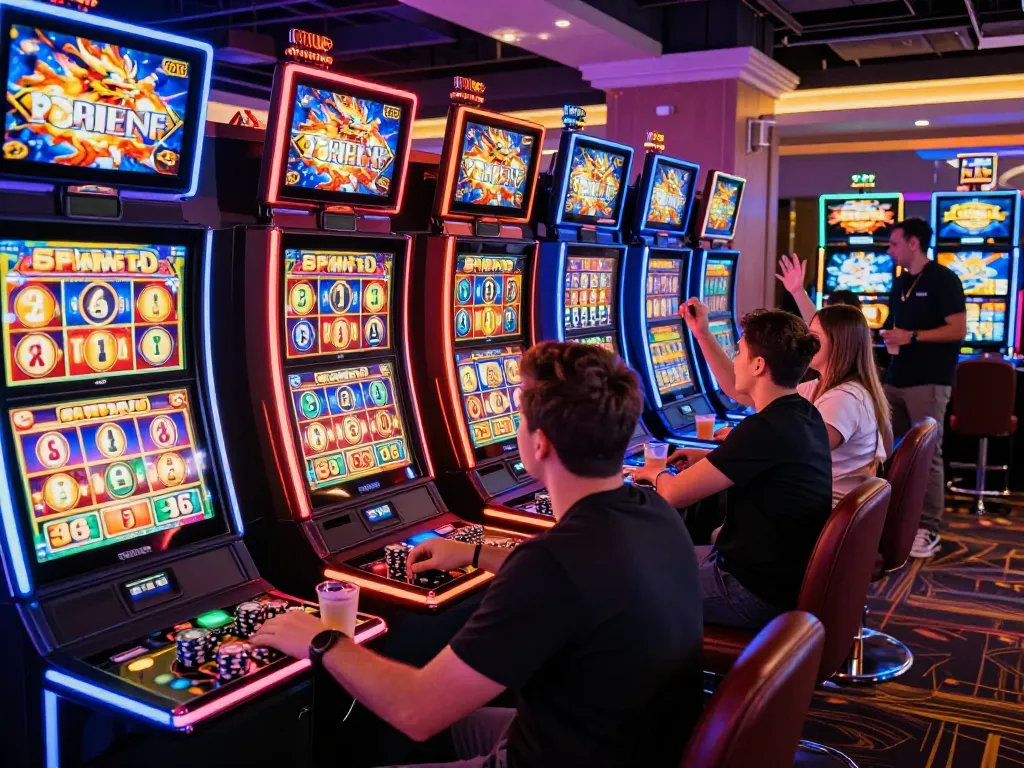 Players enjoying link slot machines in a vibrant casino atmosphere filled with neon lights and excitement.
