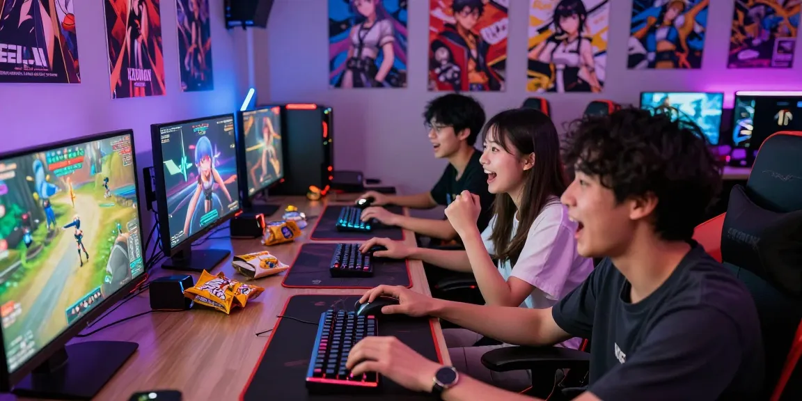 Friends enjoying exciting hentai games in a colorful gaming setup, showcasing their enthusiasm.
