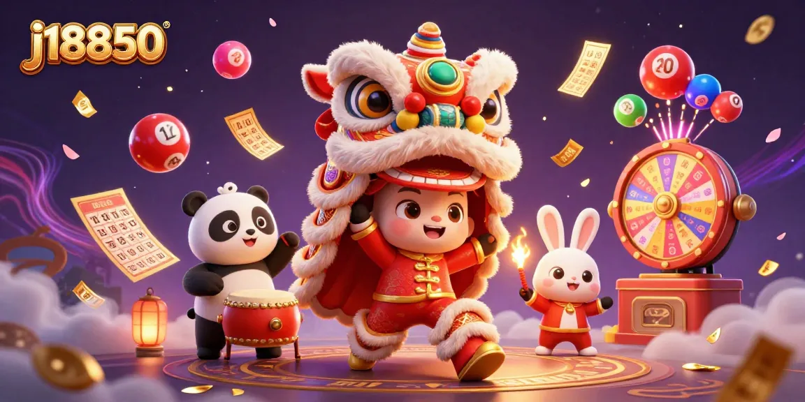 Experience the excitement of j18850, featuring vibrant lottery balls and joyful characters in a dynamic casino scene.