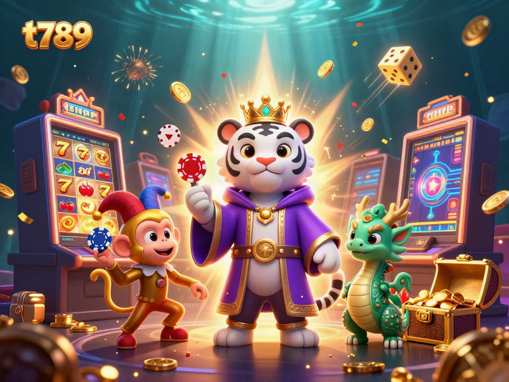 Playful scene of t789 showcasing a cartoon tiger, monkey, and dragon in an exciting casino environment.