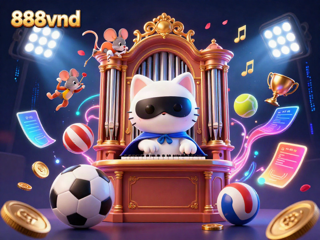 Engage in exciting gameplay with 888vnd as a lively casino scene unfolds featuring dynamic characters and sports elements.