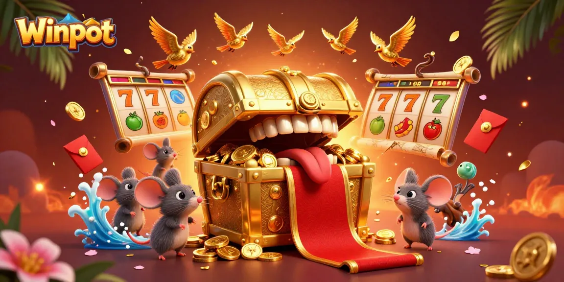 Winpot's thrilling slots and jackpot treasures captivate adventurer mice in an engaging casino scene.