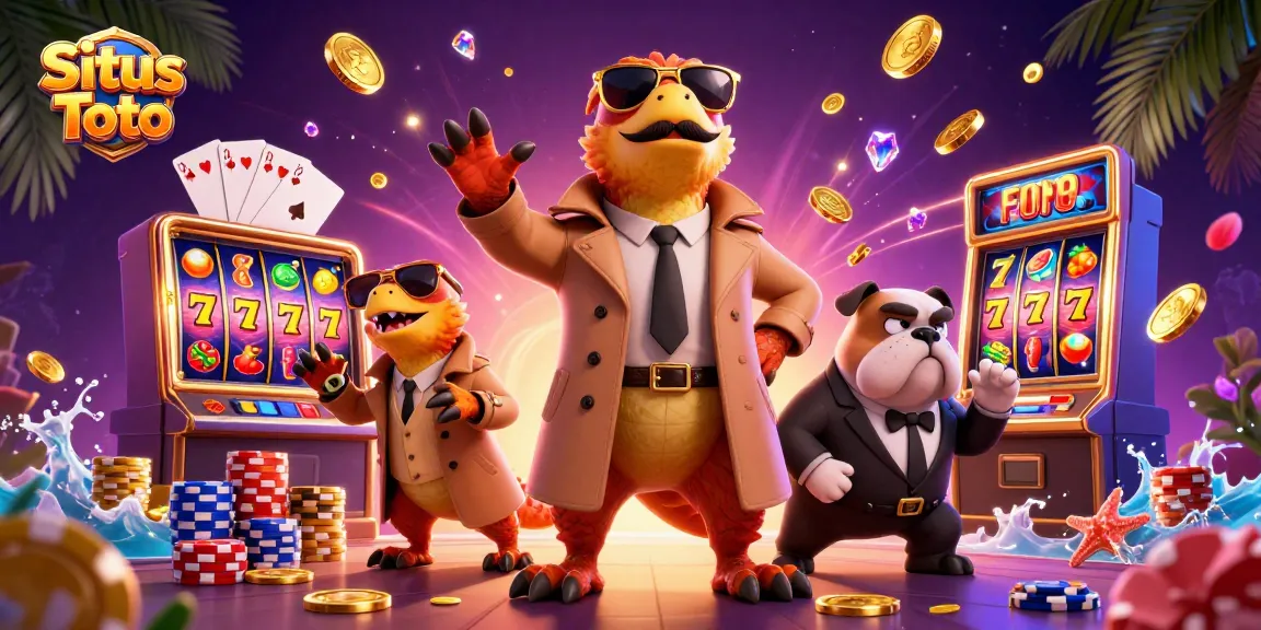 Situs Toto showcases gamblers winning with creative raptors in a casino, surrounded by slot reels and vibrant chips