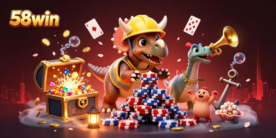 Join the excitement at 58win with dynamic characters and vibrant casino elements in a thrilling 3D illustration.