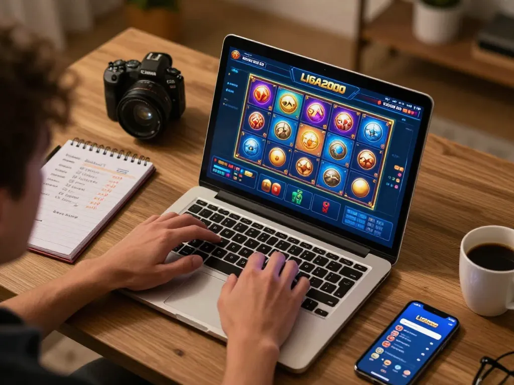 LIGA2000 player strategizing during an online gaming session at home with laptop and betting notes.