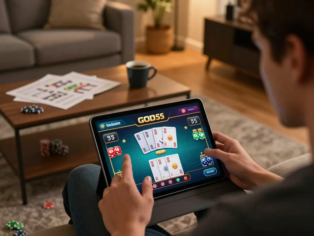 Person using the god55 casino app on a tablet while enjoying a cozy home gaming atmosphere.