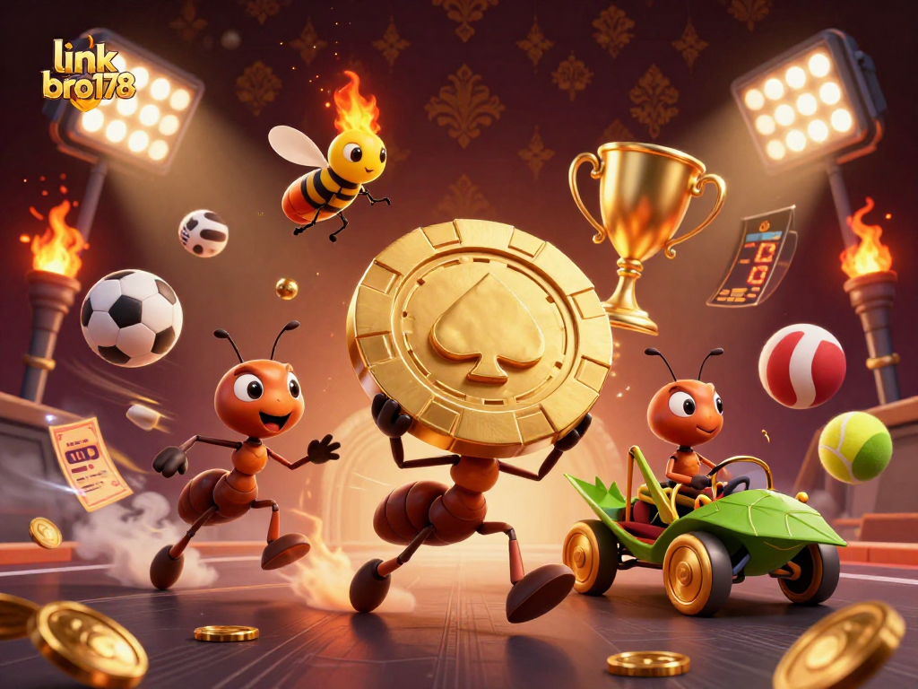 Link bro178 memimpin tim karakter 3D mengumpulkan chip poker emas di kasino.