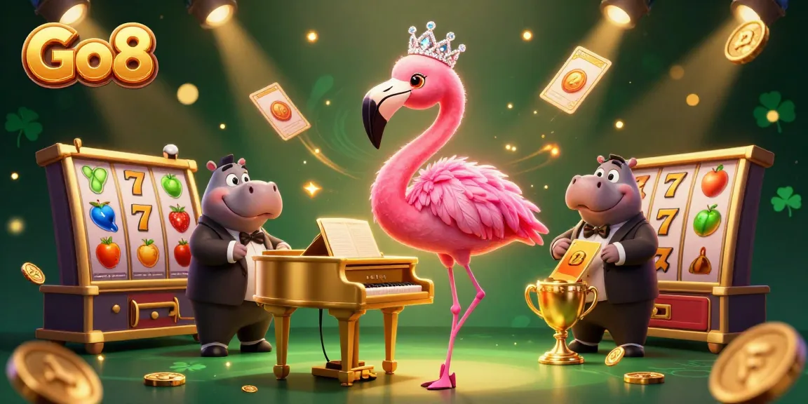 Go8 showcases vibrant casino energy with a flamingo singer and hippo bassist amidst dynamic slot reels.