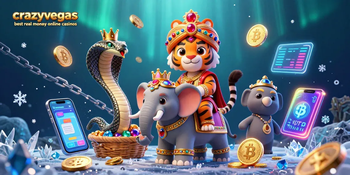 Experience the thrill with crazyvegas best real money online casinos showcasing an ornate tiger and elephant amidst crypto elements.