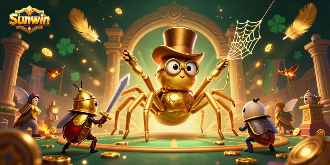 Engage with Sunwin's vibrant casino world featuring a golden tarantula weaving luck among players.