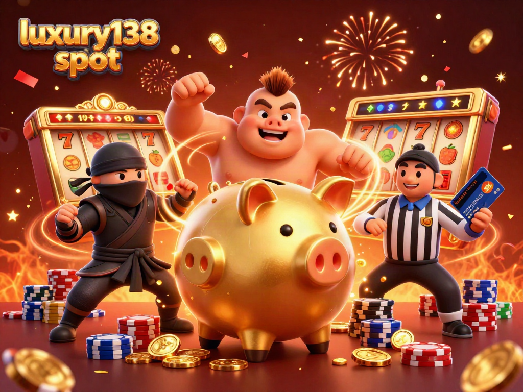 Mengguncang koin emas dari piggy bank sumo yang besar dalam permainan luxury138 slot di kasino.
