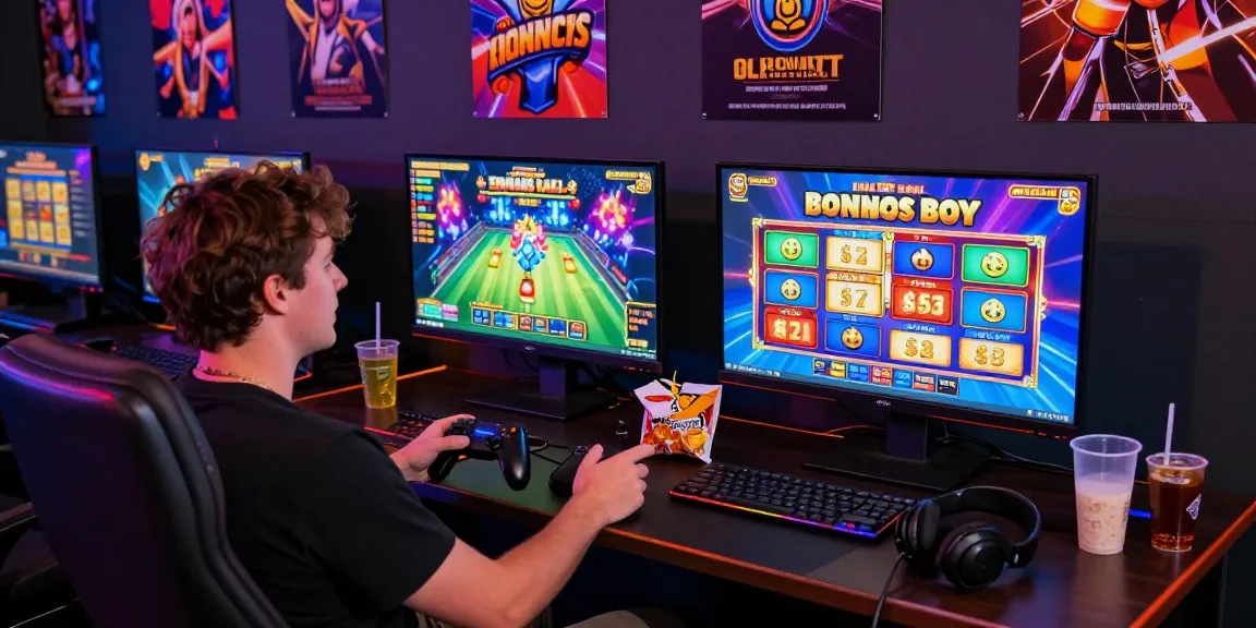 Player enjoying bonus buy slots at a vibrant gaming station with colorful lights.