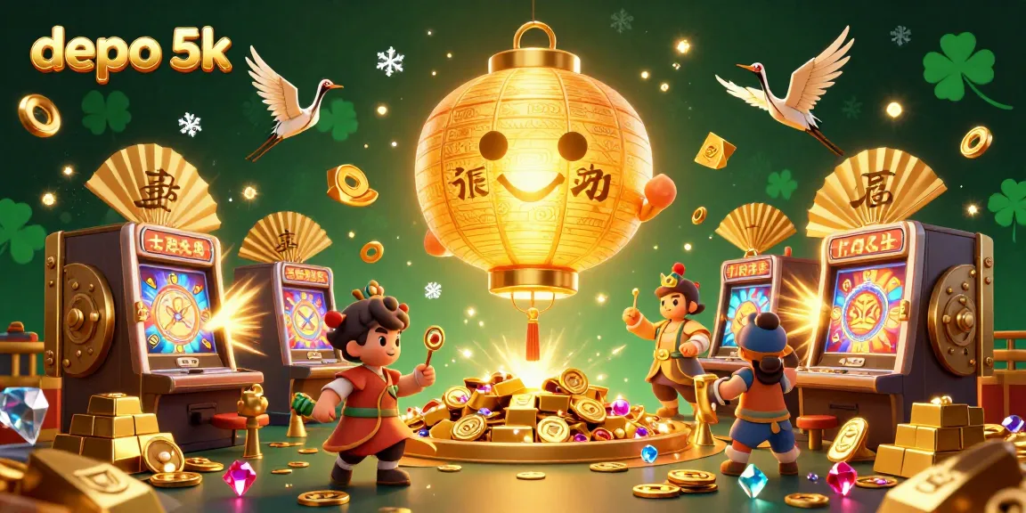 Spin to win with depo 5k at a vibrant casino scene featuring lucky symbols and golden treasures.