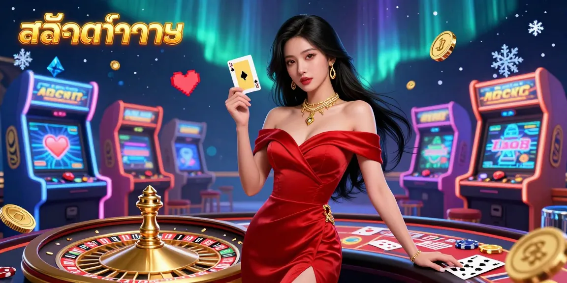 Engage with สล็อตทดลอง as a beautiful Asian woman showcases a golden playing card in a vibrant casino setting.
