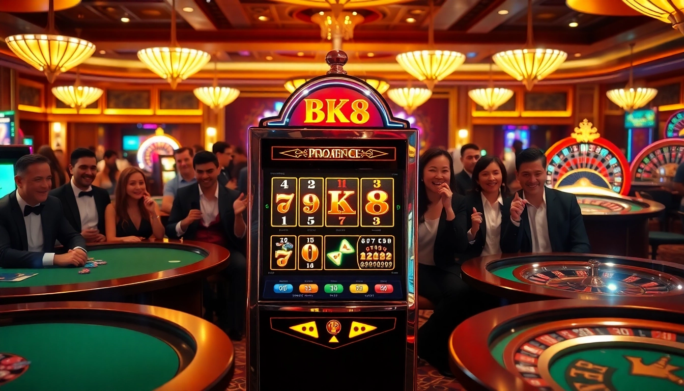 Exciting gameplay at BK8 สล็อต slot machine with vibrant lights and attentive players.