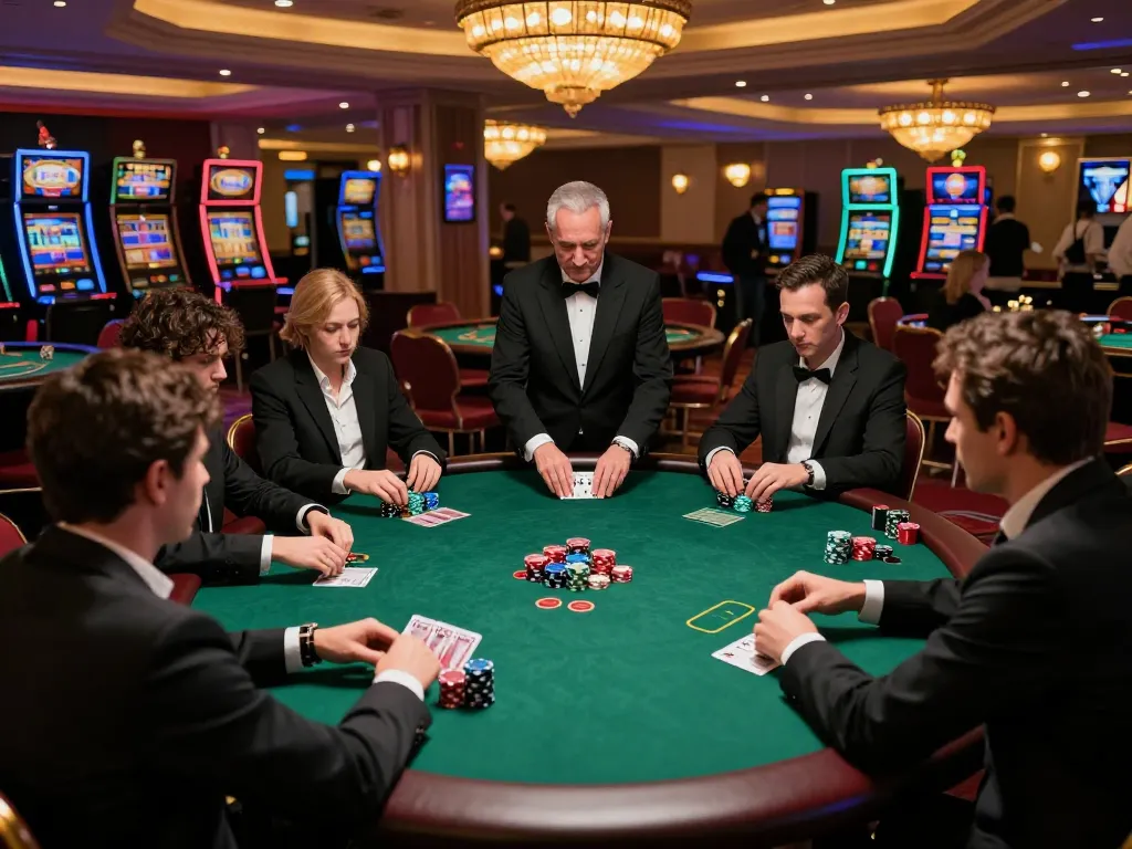 33win poker players engaging in strategic bets at an upscale casino table.