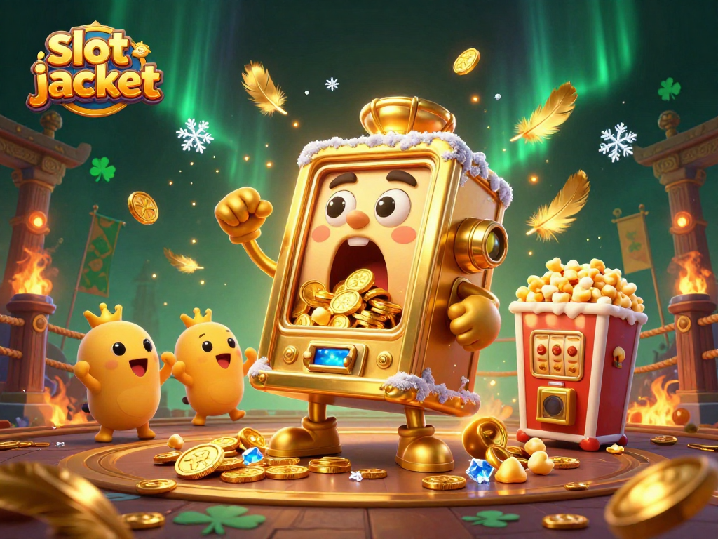Celebrate a slot jackpot win with vibrant cartoon characters and gold coins swirling around.
