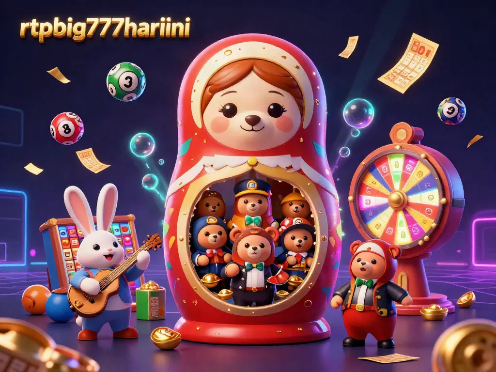 Join the fun at rtpbig777hariini with vibrant slot reels and lucky bears in a colorful casino scene.