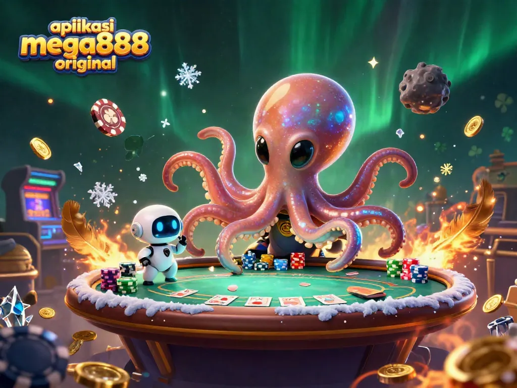 Engage with the aplikasi mega888 original in an exciting 3D casino scene featuring a space octopus and robotic companion.