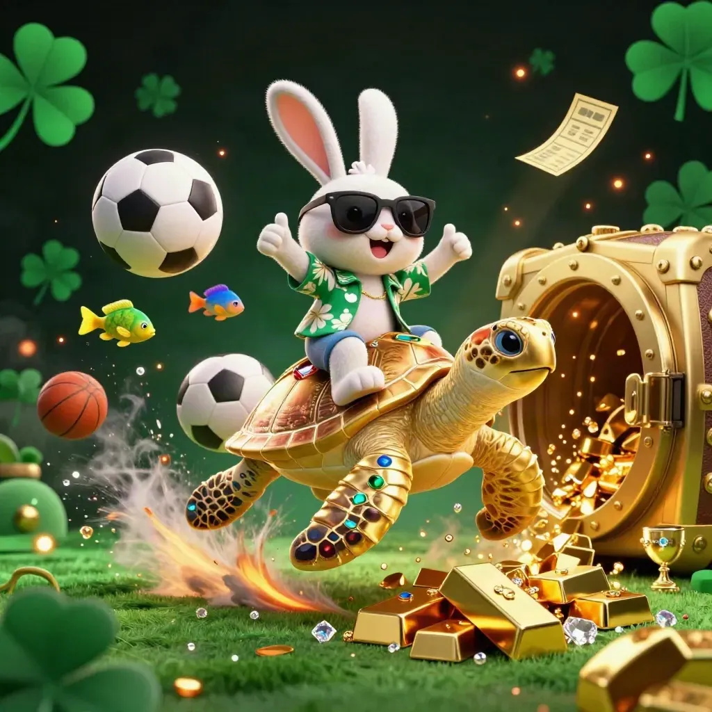 Lucky rabbit on golden sea turtle amid vault gold, soccer ball, and emerald casino light