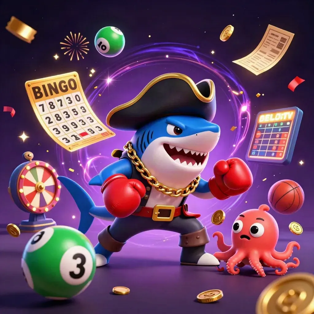 Pirate shark, boxing pufferfish and coin-juggling octopus amid casino game bursts and purple light