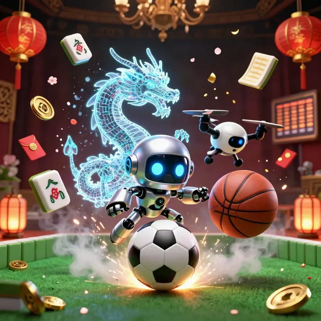 Chrome robot, holographic dragon, and coin drone amid flying sports balls and casino icons.