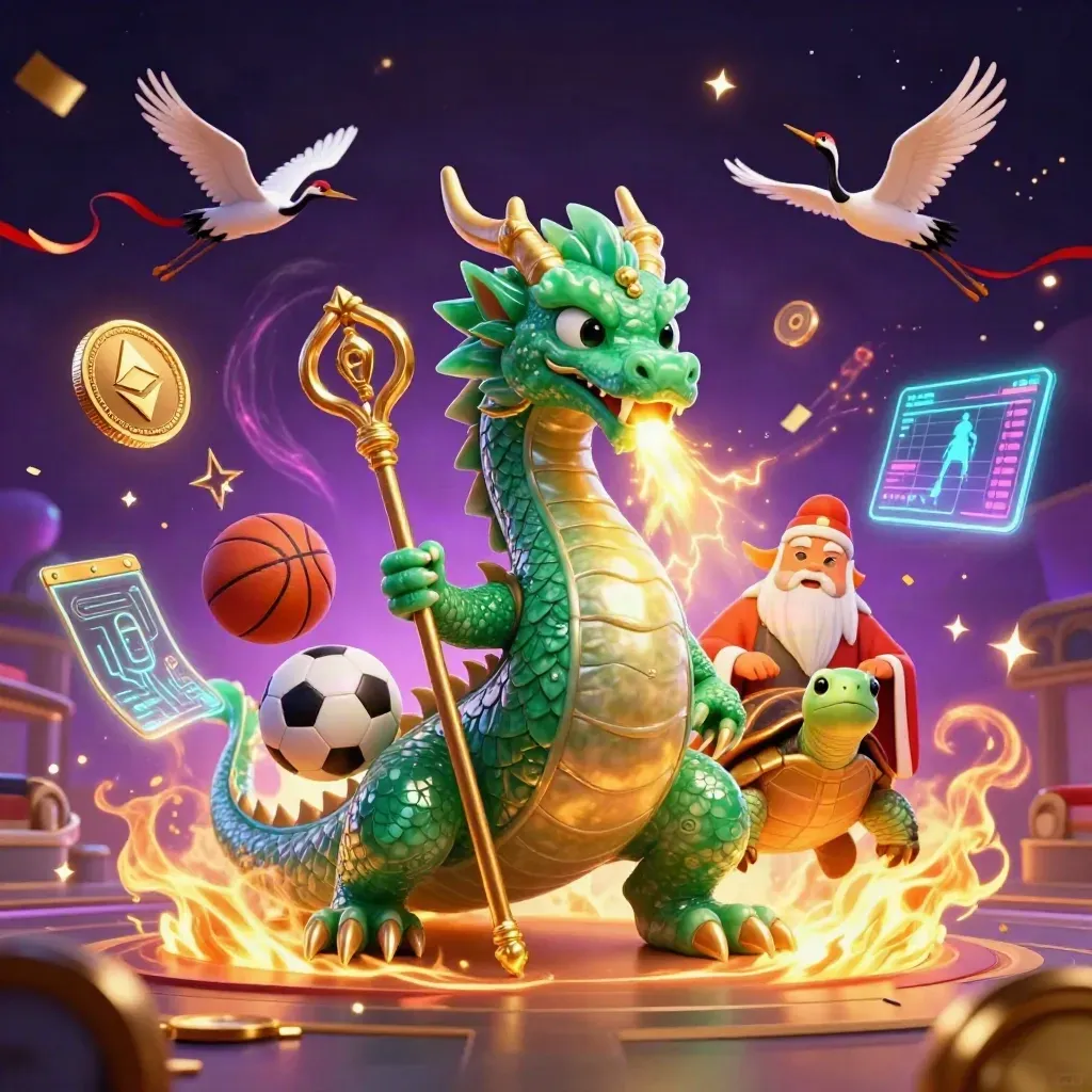 Emerald dragon, turtle sage, and cranes amid casino gold fire, coins, balls, and neon energy.