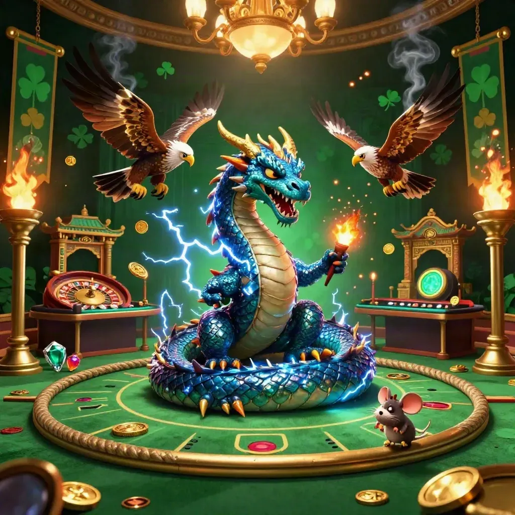 Thunder dragon, wind hawk, and static mouse in a neon casino arena