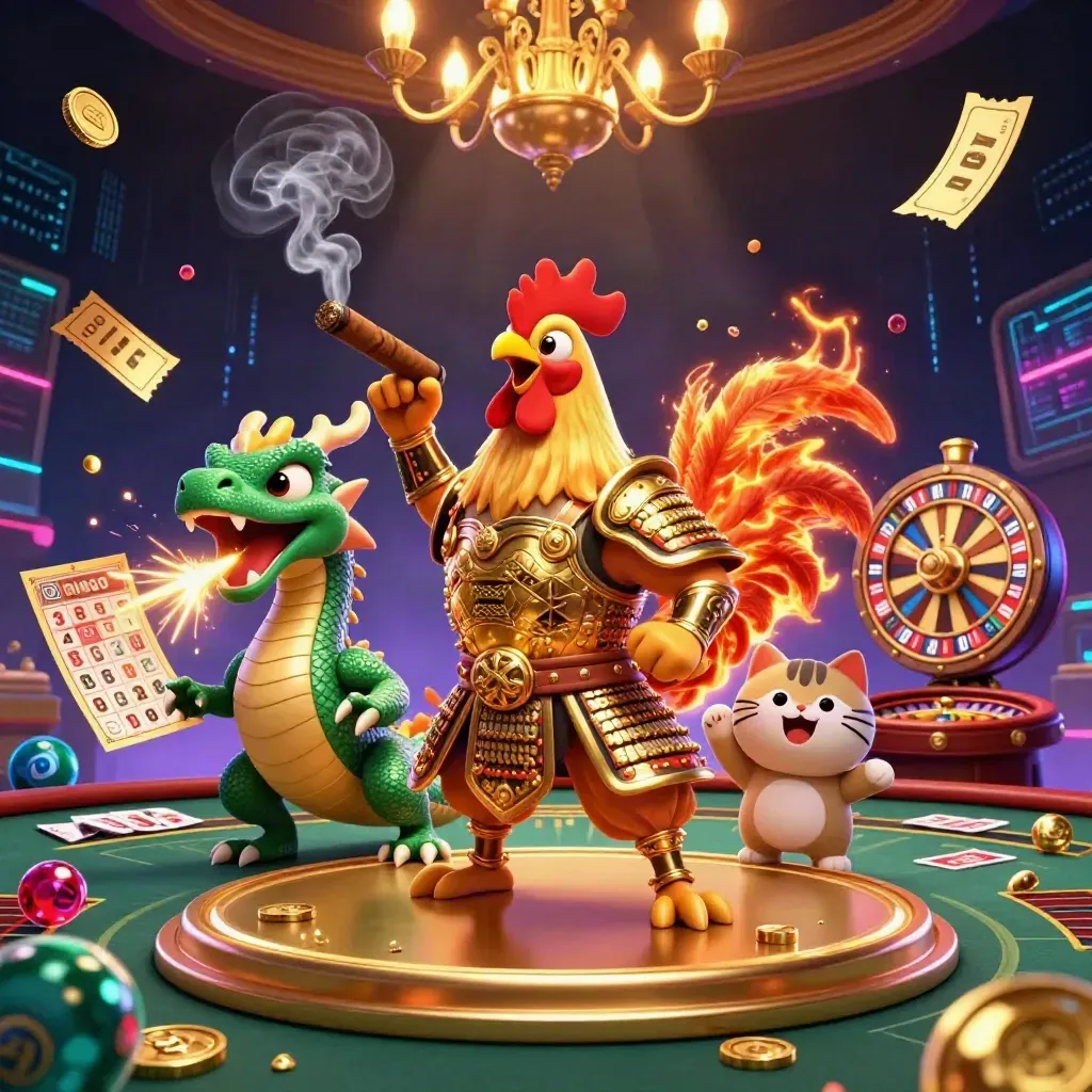 Rooster warrior, dragon hatchling, and fortune cat amid casino lights and floating game props.
