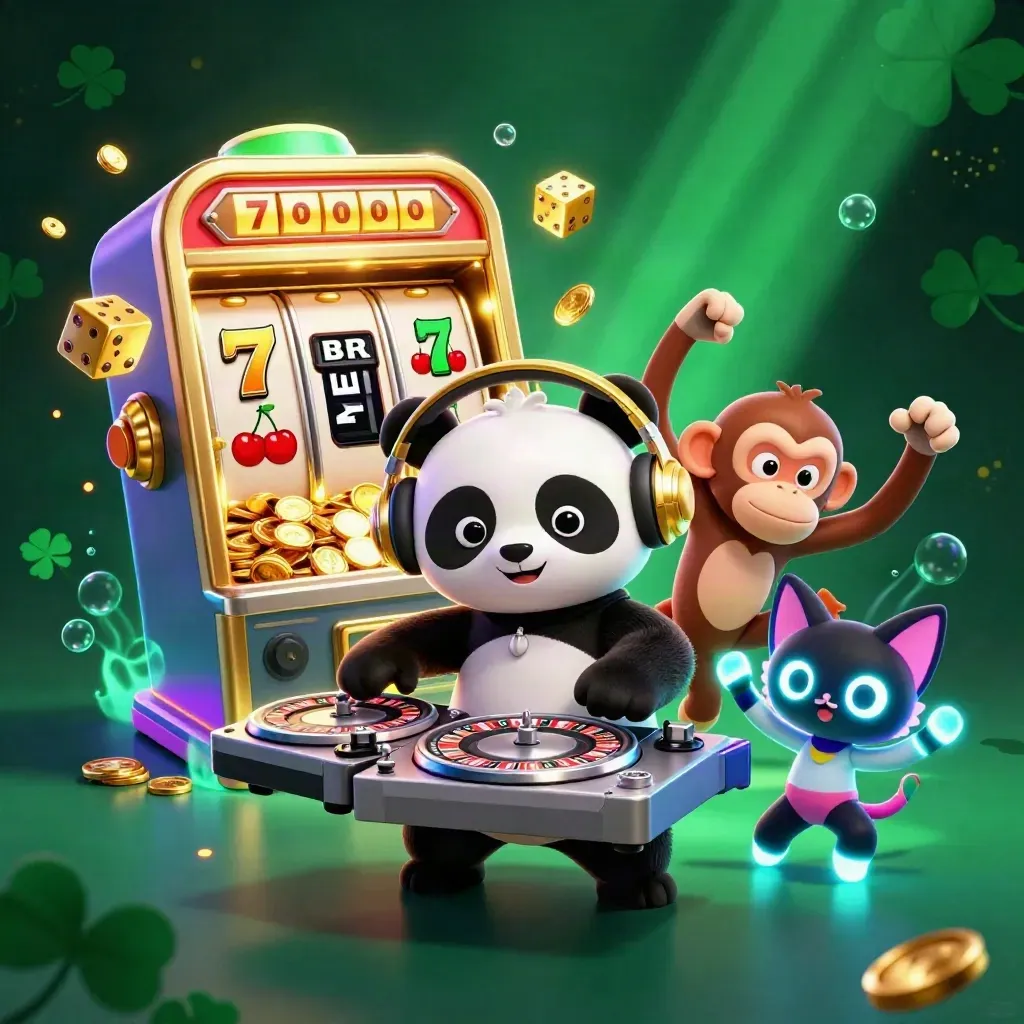 DJ panda, monkey, and glow kitten amid slot burst, gold, gems, and emerald neon.