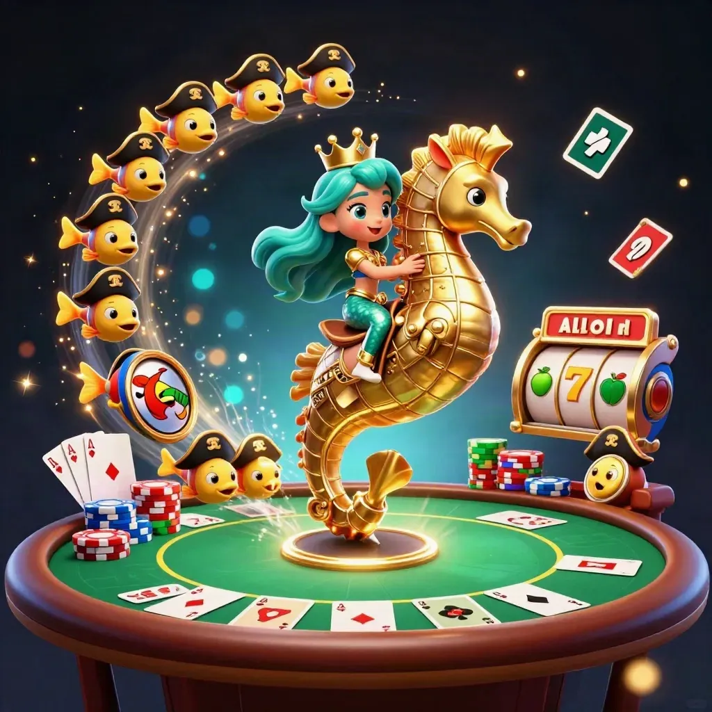 Mermaid princess on armored seahorse with pirate fish, poker chips and glowing casino effects.