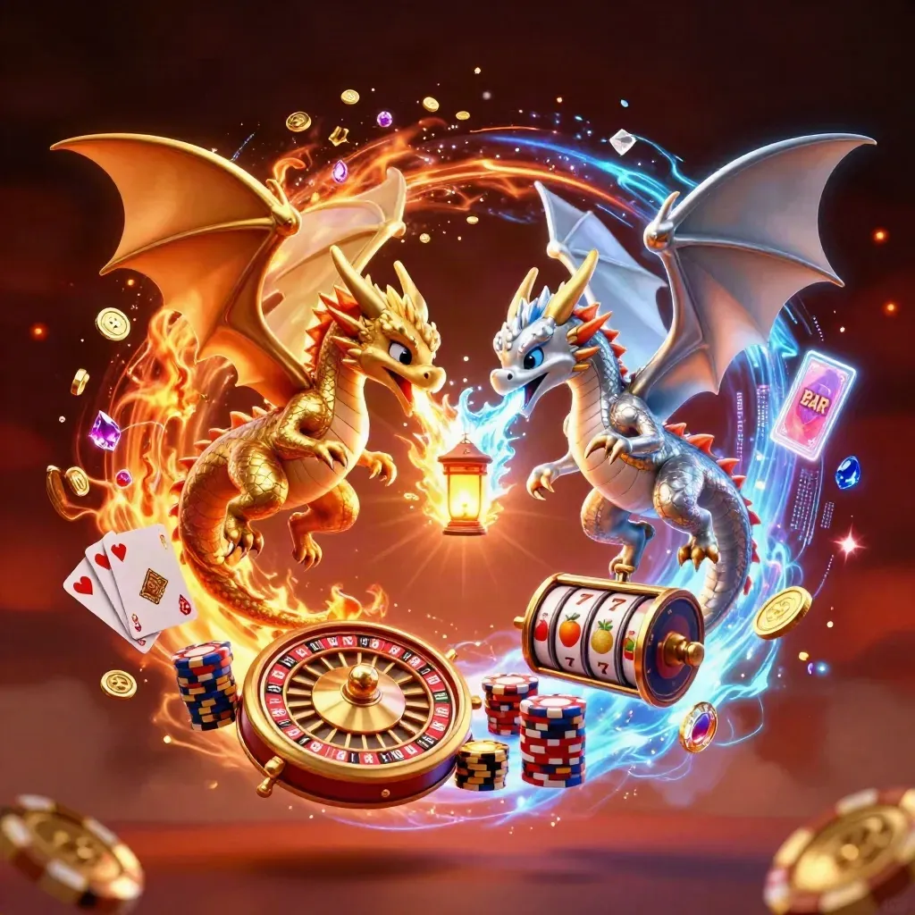 Gold and silver dragons spiral amid poker chips, roulette, cards, coins, and glowing casino effects.