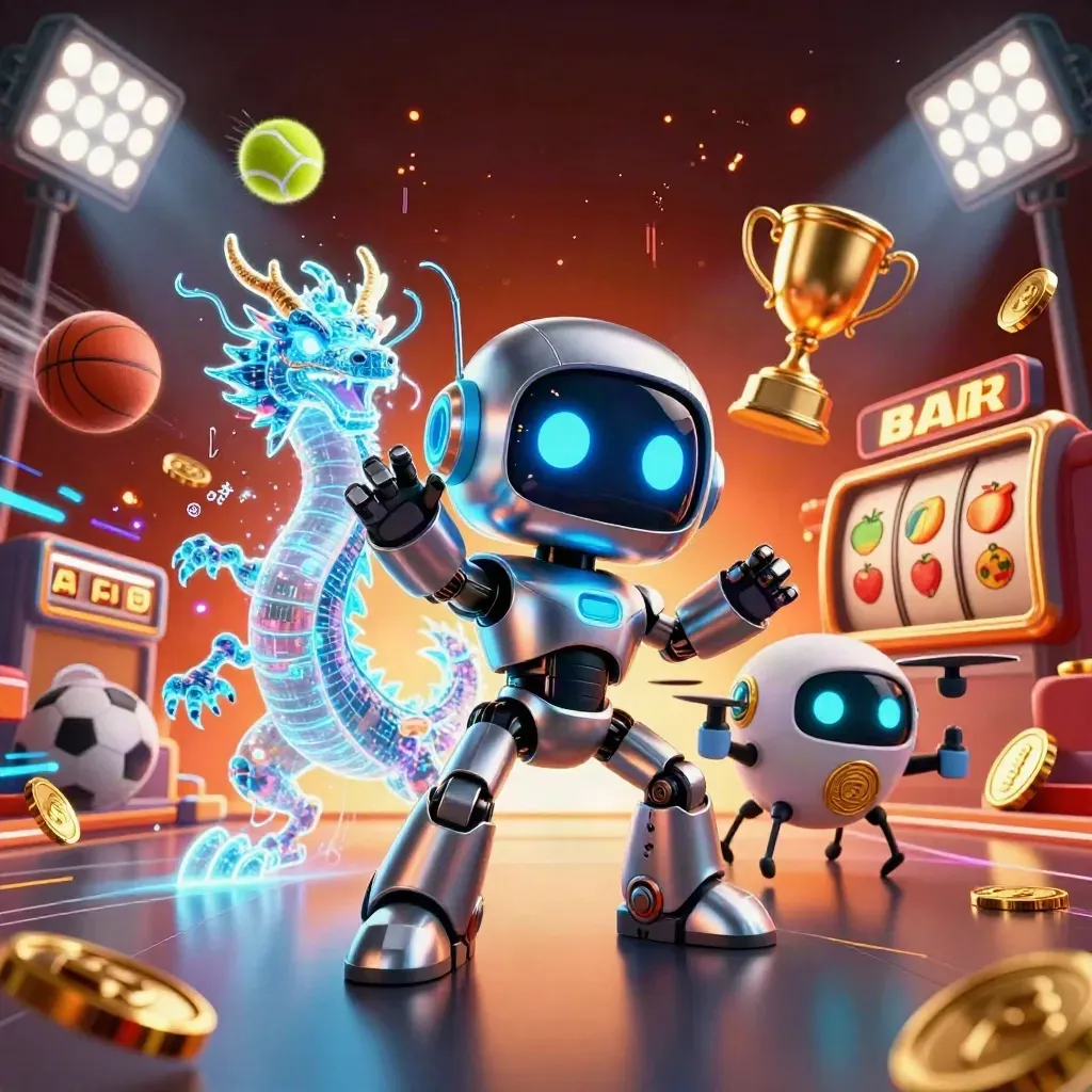 Cyberpunk robot, holographic dragon and coin drone amid casino balls, trophies and neon effects.