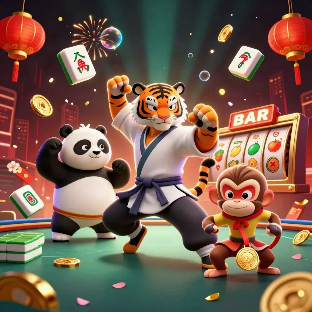 Kung-fu tiger, panda, and monkey amid casino effects and glowing reels.
