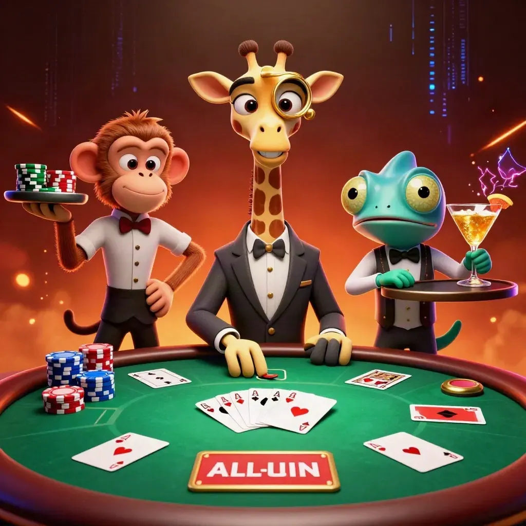 Giraffe, monkey, and chameleon poker heroes amid chips, cards, and neon casino glow.