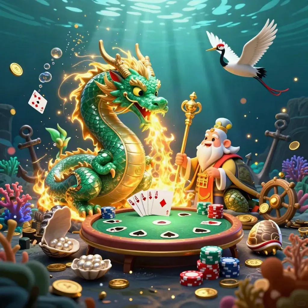 Emerald dragon, turtle sage, and cranes amid poker treasures in a neon underwater cove.