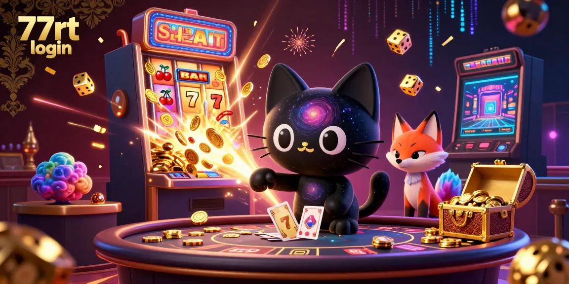 Engage in thrilling fun at the 77rt login cosmic casino with a captivating cartoon cat and colorful gas fox.