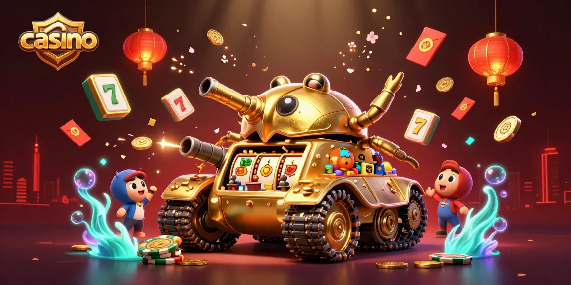 Experience thrilling moments inside a casino with a vibrant scene featuring a golden beetle tank and slot reels.