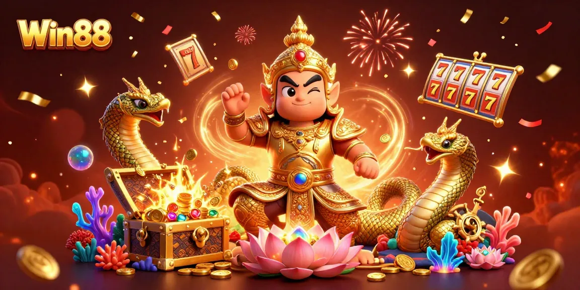Win88 celebrates with vibrant casino elements, showcasing thrilling slot reels and glowing treasures.