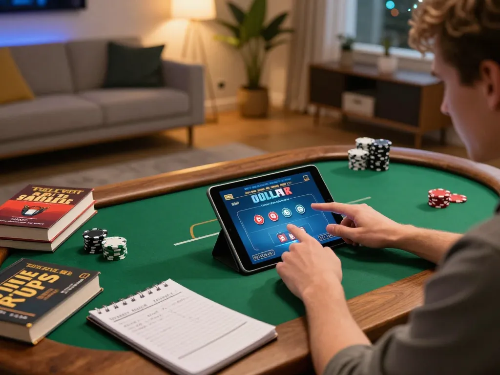 HM88 player strategizing in home gaming setup during an online poker match, with tablet and notes visible