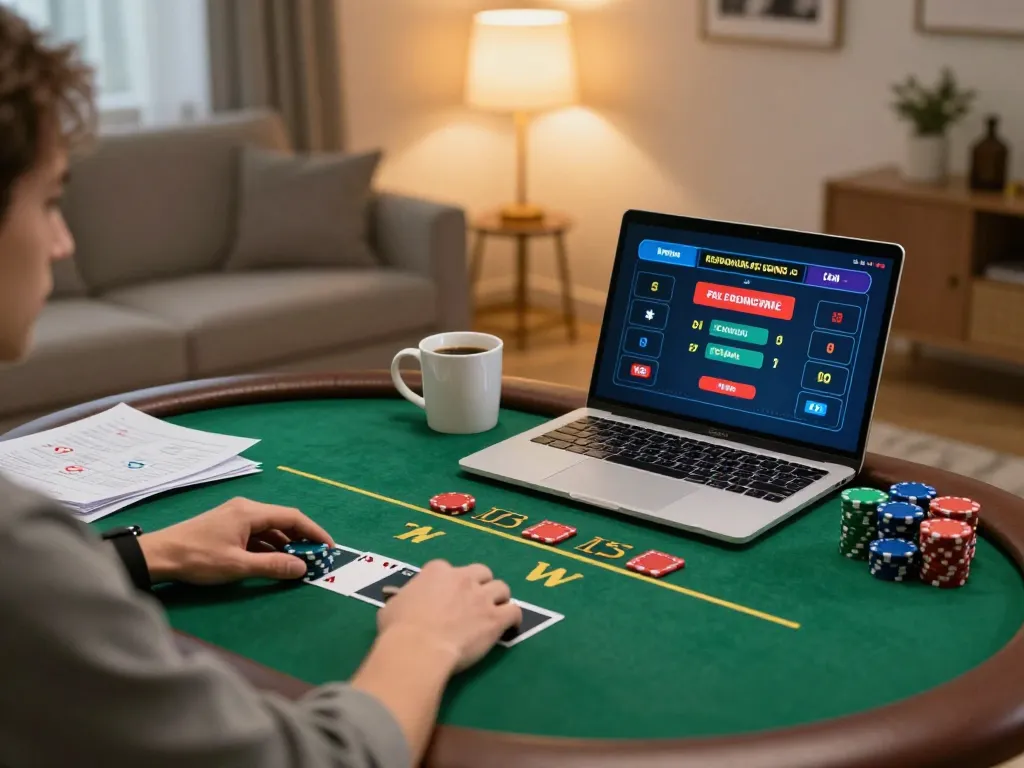 MM88 player strategizing in cozy home while playing poker online, optimizing their game