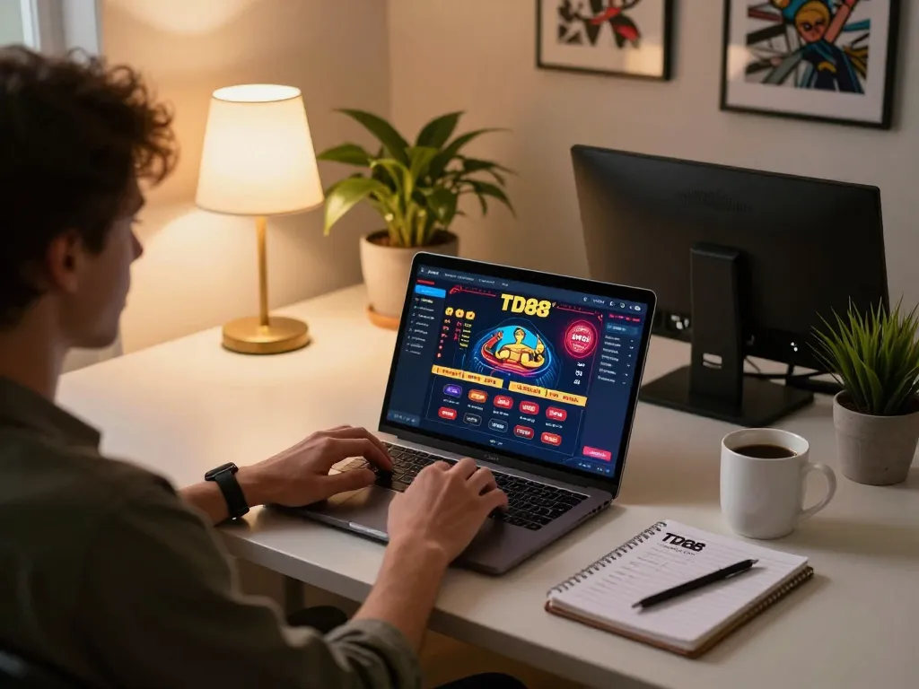 Person enjoys online gambling at https://cstd88.com/ on a laptop, showcasing a cozy gaming environment.