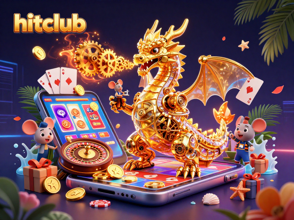 Experience big wins at hitclub with an illustration of a golden dragon and vibrant casino elements.