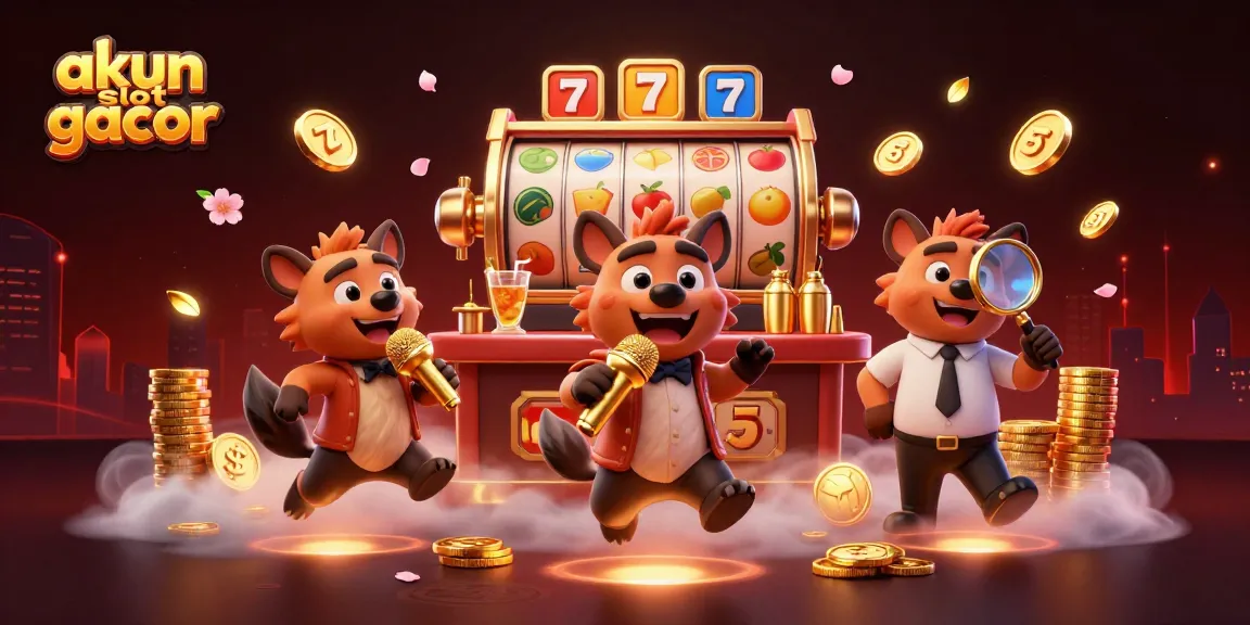 A dynamic scene featuring the akun slot gacor hyena crew entertaining in a casino filled with slot reels and rewards.