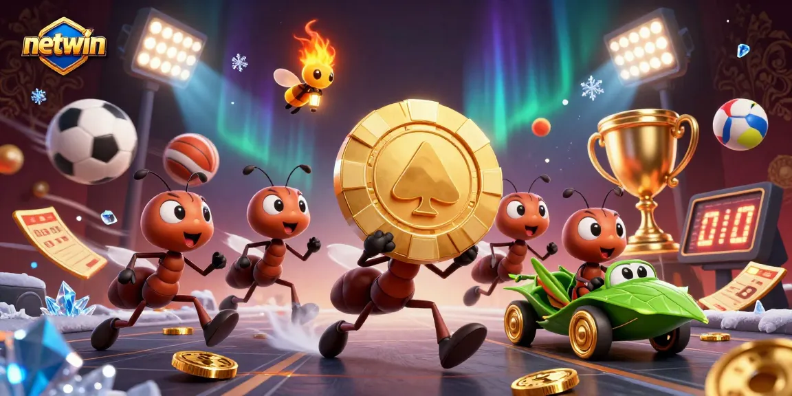 Experience the thrilling heist by ants at netwin, showcasing dynamic sports balls in a vibrant casino scene.
