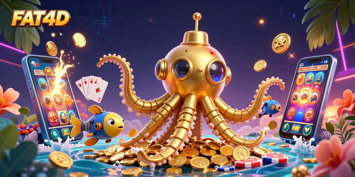 Engage with FAT4D's vibrant slot gaming adventure featuring golden kraken submarines and dynamic game elements.