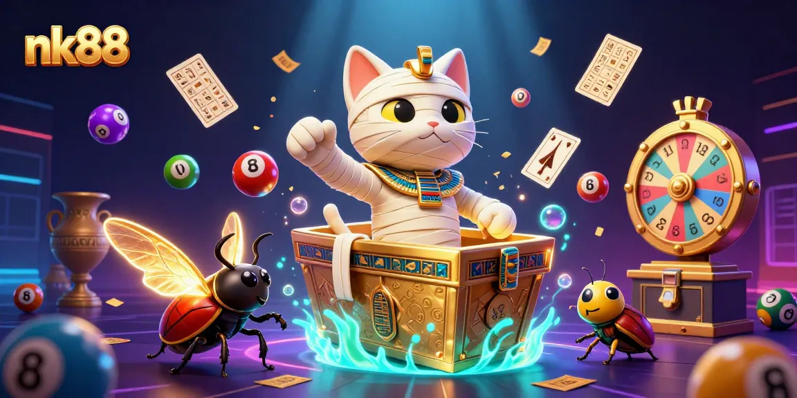 Experience thrilling games at nk88 with an Egyptian mummy cat bursting from a golden sarcophagus in a vibrant casino setting.