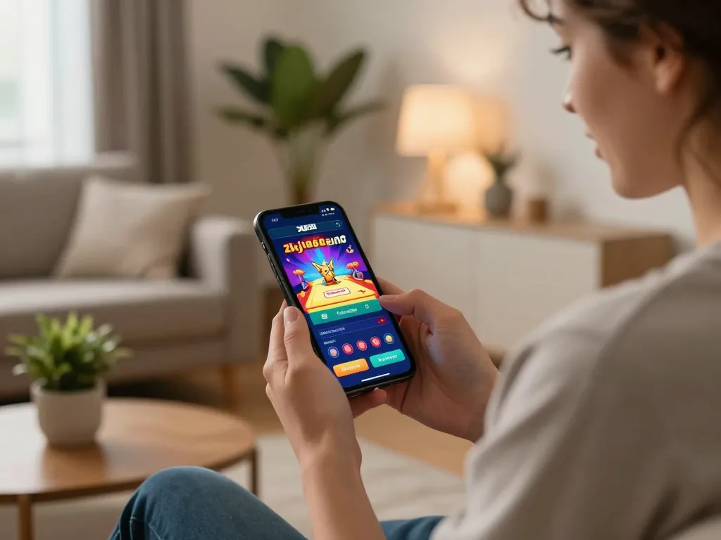 Engaging user playing zkjj188 casino app on smartphone in a cozy living room setting.