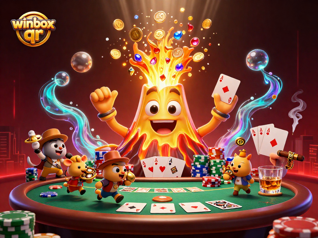 Winning treasure with winbox qr at a lively casino scene, featuring coins and poker chips.